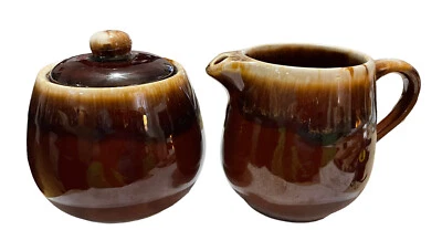 McCoy Stoneware USA Sugar and Creamer Set in Brown Drip Glaze Pattern 1970s  - Image 1 of 4