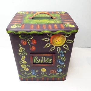 Vintage Hand Painted Tin w/ Lid Colorful Toleware Pantry Sewing Buttons Fastener - Afbeelding 1 van 15