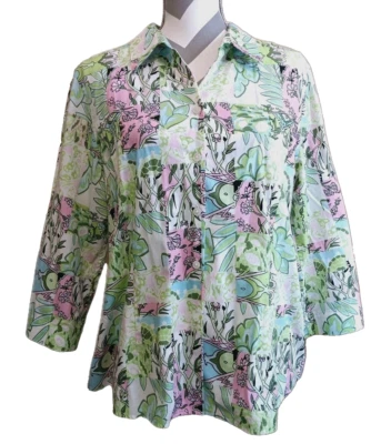 Blusa Orvis Mujer Talla 16 Rosa Verde Floral Resistente a Arrugas Algodón Abotonada Foto 1 de 4