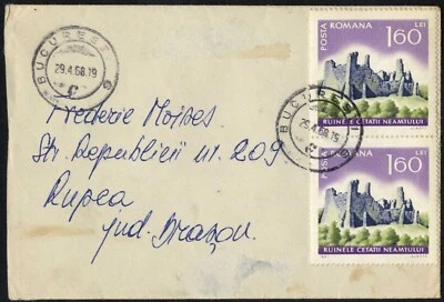 Rumania 1968 portada con sellos CETATEA NEAMTULUI @ BUCURESTI a RUPEA BV Foto 1 de 2