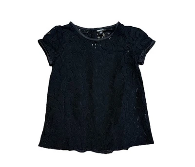 DKNY Donna Karan Black Lace Top Sz 6 Small Satin Trim Sheer Overlay w/ Cami - Image 1 of 4