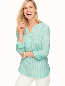Talbots Petite XL mintgrün Leinen gestreift Tunika Oberteil Rollriegelärmel Pullover - Bild 1 von 9