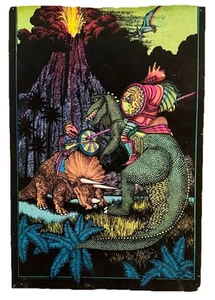 Póster de colección de los años 70 con gráficos occidentales luz negra caballeros medievales dinosaurios fantasía - Imagen 1 de 10
