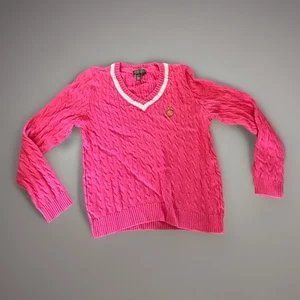 Ralph Lauren Active Womens Large Pink Cable Knit V Neck Cotton Sweater Vintage - Picture 1 of 8