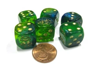 Set of 6 Beetle 16mm D6 Round Edge Animal Dice - Blue-Green with Gold Pips - Picture 1 of 1