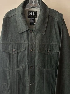 Men NU Wear Y2K Raw Denim Jean Jacket Streetwear Vtg. Hip Length HipHop 2X Coat - Picture 1 of 21