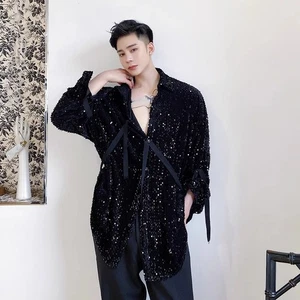 Camicia uomo paillettes velluto bottoni manica lunga cinturino glitter nightclub performance - Foto 1 di 26
