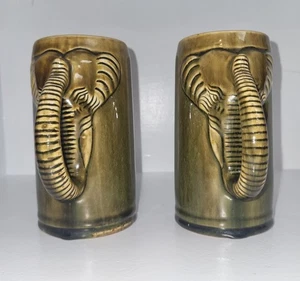 Pair (2) ceramic Celadon Elephant mugs Large Glossy Glaze MCM Conservation - Picture 1 of 7