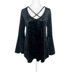 Top JODIFL Negro Terciopelo Aplastado Cuello en V Manga Campana Bruja Boho Fluido Talla S - Imagen 1 de 11