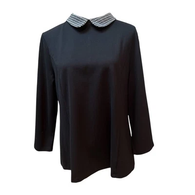 Talbots女式黑色长袖上衣千鸟格彼得潘领XL — 第 1/4 张图片