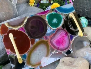 Colorful Agate Stone Serving Tray with Brass Handles, Charcuterie Board, Solid - Picture 1 of 9