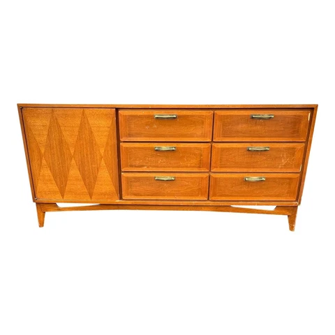 Mid-Century Modern Red Brown Brass Wood Lion 9 Drawer Dresser Cover