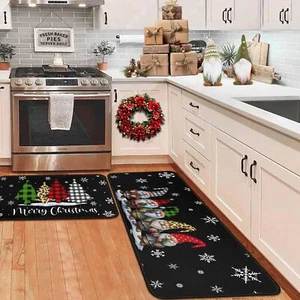 Buffalo Plaid Tree Gnomes Black Merry Christmas Kitchen Rugs Set of 2 Winter ... - Picture 1 of 9