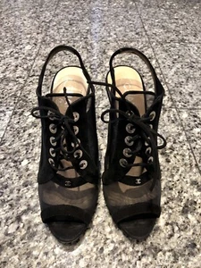 CHANEL CC Black Suede Mesh Lace Up Heels - Picture 1 of 7