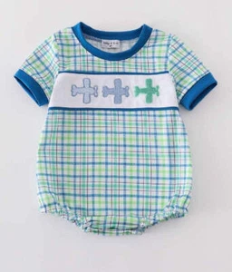 Boy's Boutique Blue Airplane Plaid Bubble Romper Sibling Matching Summer Plaid E - Picture 1 of 10