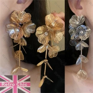 Large 4.5"long FLORAL EARRINGS crystal SILVER/GOLD TONE metal flowers STATEMENT - Picture 1 of 16