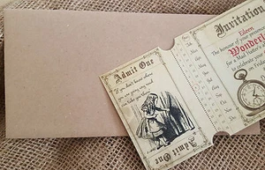 Large Personalised Alice in Wonderland Admit One Invitation Tickets & Envelopes - Picture 1 of 3