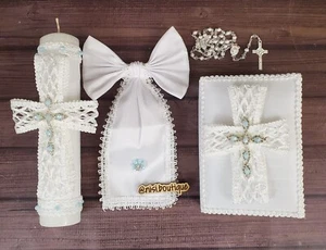 Communion or Confirmation Candle Set, Spanish Complete Bible, Communion Arm Bow - Picture 1 of 6
