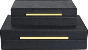 Black Shagreen Box Set of 2 Faux Leather Decorative Boxes,Large Nesting Storage - Picture 1 of 7