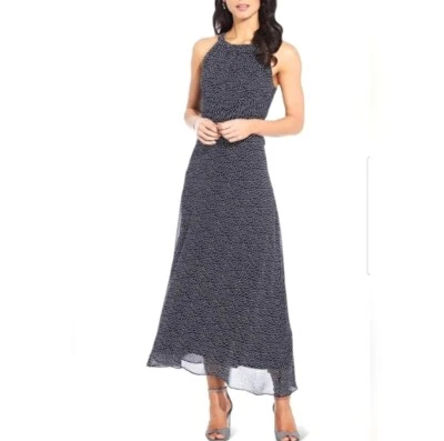 Adrianna Papell Navy & White Dot Halter Chiffon Maxi Dress Size XL/14 - Image 1 of 4