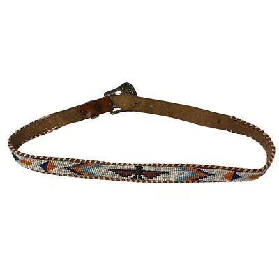 Women’s Western Aztec Fully Bead Brown Leather Belt w/ Silver Metal Belt Buckle - Image 1 of 3