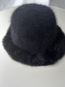 Angora black hat cap with rabbit fur L