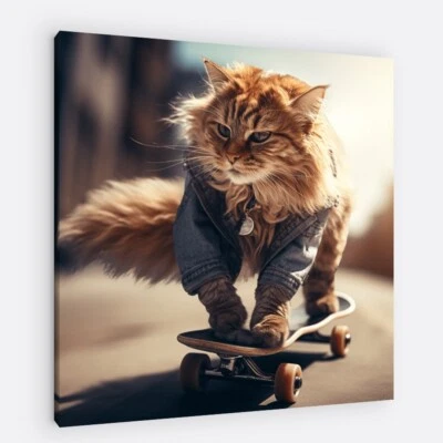 Funny Skateboarding Cat Wall Art - Wrapped Over Frame or Just the Canvas! - Image 1 of 3