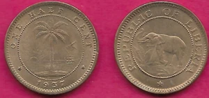 LIBERIA 1/2 CENT 1937 UNC 1 YEAR TYPE,ELEPHANT WITHIN CIRCLE ABOVE STAR,Script:L - Picture 1 of 1