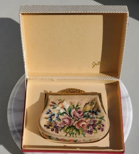 VINTAGE 1930'S JOLLES AUSTRIA PETIT POINT FLORAL TAPESTRY EVENING BAG PURSE BOX - Picture 1 of 12
