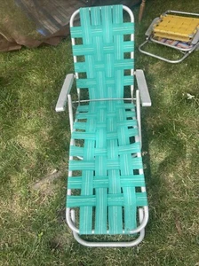 Vintage Aluminum & Webbed CHILD’s Folding Lawn Chaise Lounge Aqua Adjustable - Picture 1 of 12
