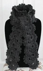 Beautiful Charcoal Gray Queen Anne's Lace Handmade Crochet Scarf - Picture 1 of 3