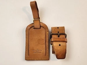 echt Louis Vuitton braun hellbraun Leder Gepäck Namensschild Taschenanhänger LV Riemen - Bild 1 von 24
