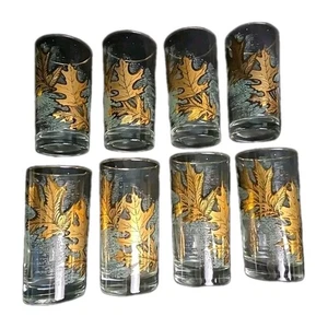 Libbey Crystal  Barware MCM Highball Glasses Gold Embossed Leaves Set of 8 Vtg - Picture 1 of 9