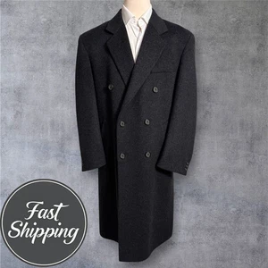 Vintage Double Breasted Mens Overcoat 46L WOOL/CASHMERE Charcoal Gray Coat - Picture 1 of 12