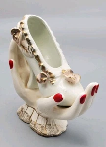 Vintage MCM Art Deco Delicate Hands With Painted Nails Holding A High Heel Shoe - Picture 1 of 12