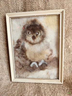 Vintage Owl Picture Made Of Natural Color Spun Wool Handmade, Wall Hanging Frame Foto 1 de 4