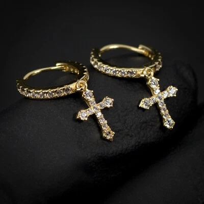 Mens Gold Plated Sterling Silver Drop Dangle Huggie Hanging Cross Hoop Earrings  - Image 1 of 4