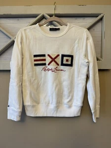 Polo Ralph Lauren Girl’s Patchwork Logo Crewneck Vintage Sweatshirt White Size S - Picture 1 of 9