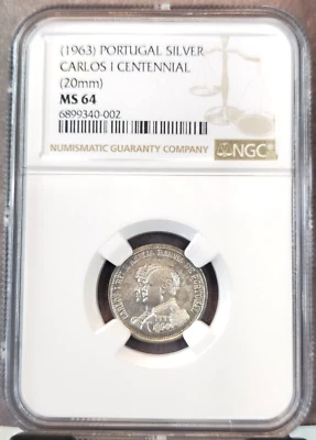 1963 PORTUGAL SILVER 20MM CARLOS I CENTENNIAL NGC MS 64 EXTREMELY RARE TOP POP 1 - Image 1 of 3