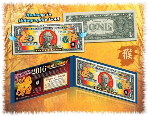 Lot of 25 Chinese New YEAR MONKEY 2016 Lucky Money Gold Hologram $1 BILL w/Folio Cover