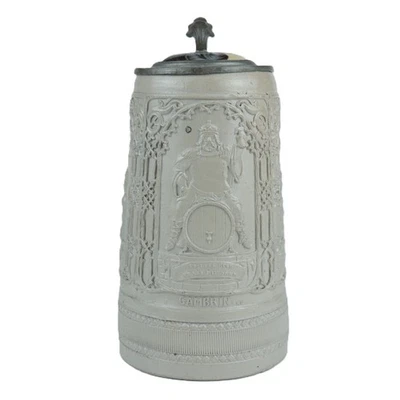Antique Regensberg German Stein Salt Glaze - Gambrinus Hopfenrank Porcelain Lid - Image 1 of 4