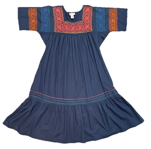 Vtg Go Softly Patio Blue Embroidered House Dress Cotton Mumu Grandmacore Sz XL - Picture 1 of 7
