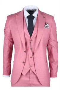 Herren 3 Teiler Rosa Tailored Fit Anzug Formell Hochzeit Party - Bild 1 von 8