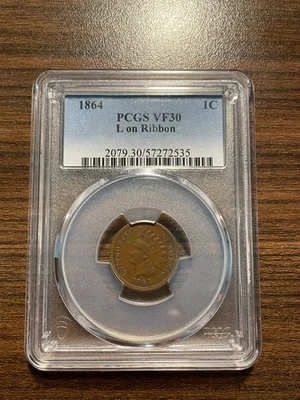 1864-P L on Ribbon Indian Head Penny Cent 1C PCGS VERY FINE VF 30 Type 3, Bronze - Image 1 of 4