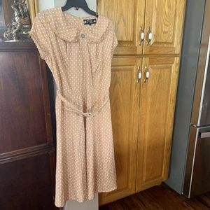 Hell Bunny Vixen Short Sleeve Dress Women L Peach White Polka Dot Flared W Belt - Picture 1 of 13