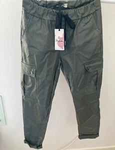 New"Misumi" Khaki faux leather cargo magic trousers one size fits UK 10 - UK 14 - Picture 1 of 5