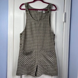 90s Vintage Basic Editions Plaid Romper Shortalls Overalls Linen Cotton Small - Picture 1 of 12