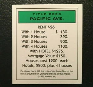 Monopoly PACIFIC AVE Título Escritura Tarjeta Repuesto Juego Pieza/Pieza - Imagen 1 de 3
