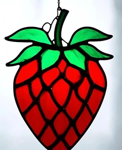 Handmade RED STRAWBERRY Stained Glass Hanging SUNCATCHER Home & Garden Ornament - Picture 1 of 24