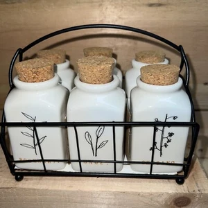 Rae Dunn by Magenta Spice Herb Jars in Wire Rack w/ Cork Tops Set of 6 - Picture 1 of 8